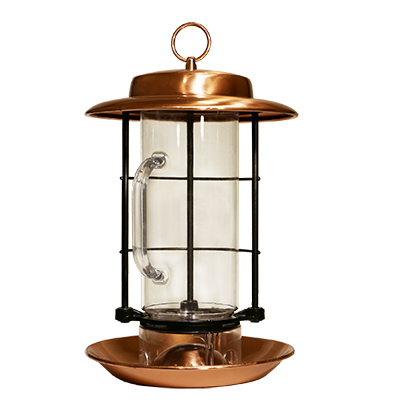 Woodlink Metal Combination Hopper + Seed Scoop Feeder in copper with clear viewing chamber and easy fill design.