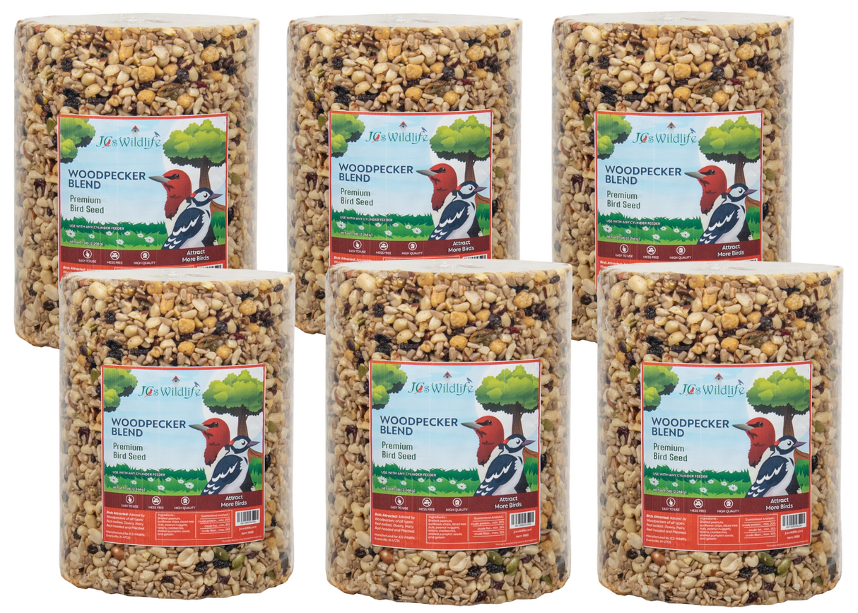 JCS Wildlife Woodpecker Blend Bird Seed Large Cylinder, 5 lb. Perfect for attracting woodpeckers to your garden.