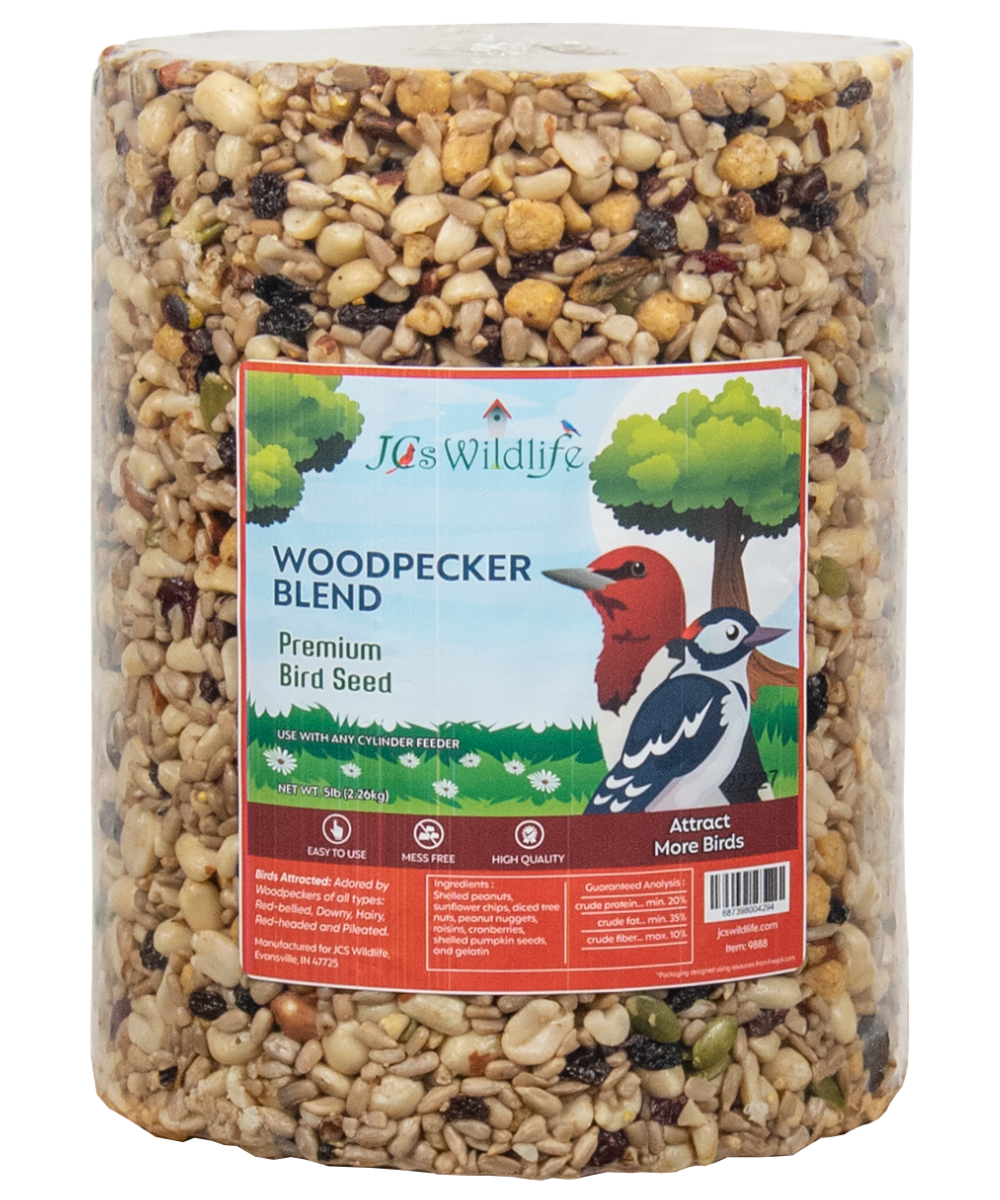 JCS Wildlife Premium Bird Seed Cylinder Woodpecker Blend, made in the USA, attracts more birds with quality ingredients.