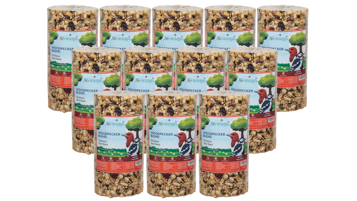 Jos Wildlife Woodpecker Blend premium bird seed cylindrical packages showing peanuts sunflower seeds and dried cranberries against a white background