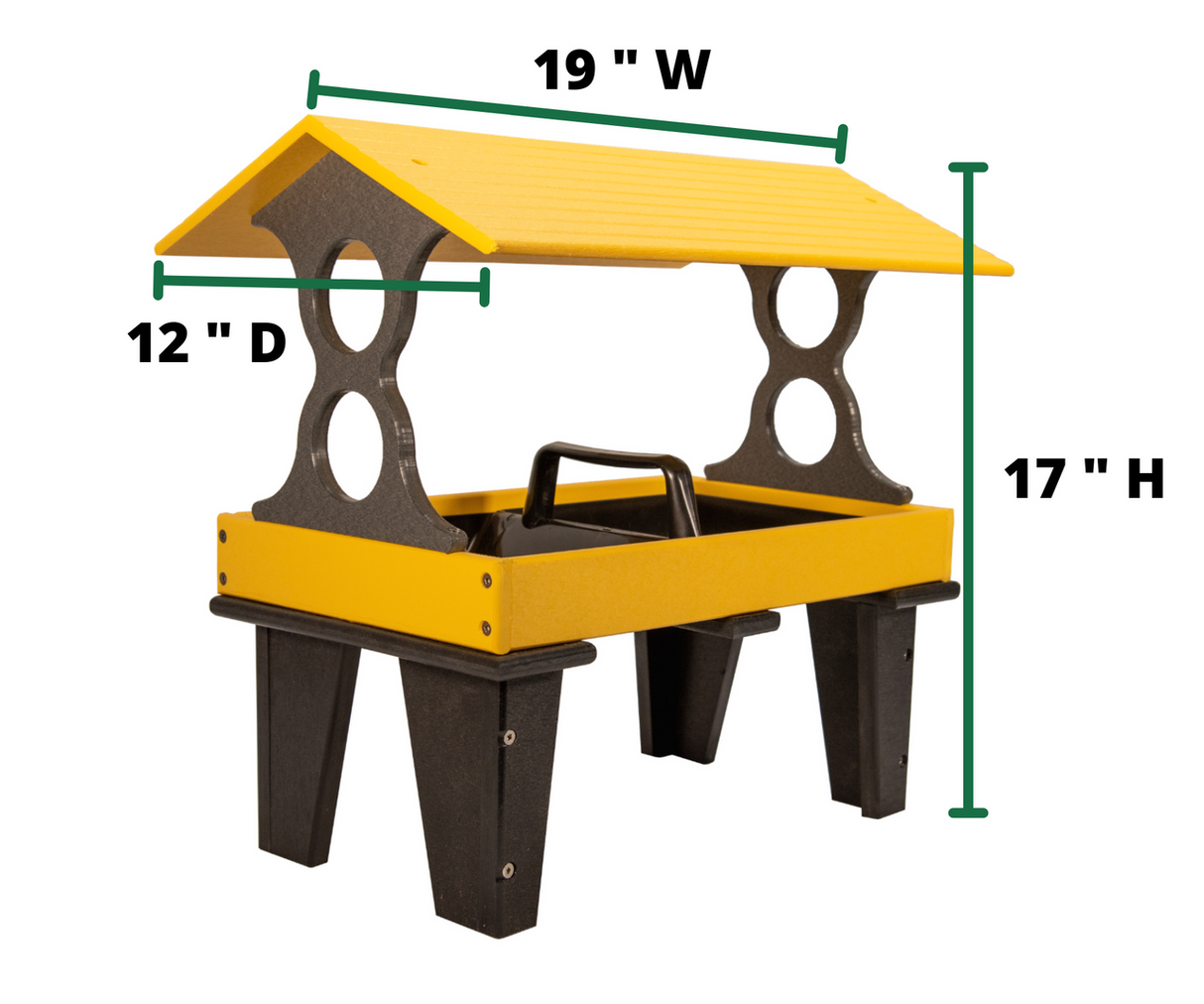 Product shot of a yellow and black plastic bird feeder with a protective roof and decorative cutouts on a white background showing dimensions 19W x 12D x 17H