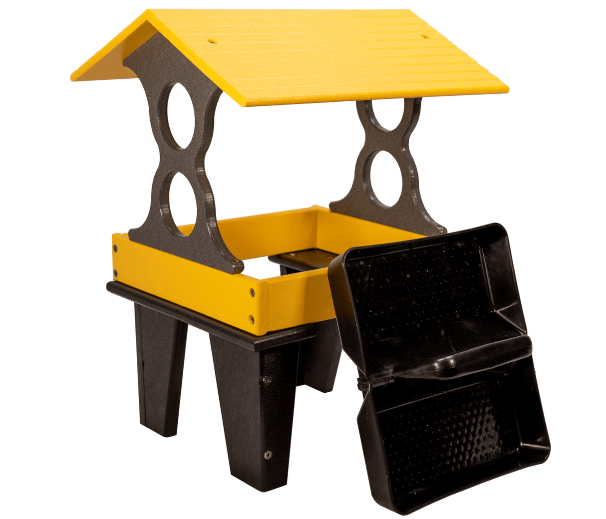Plastic recycled-material bird feeder with yellow roof and black base featuring two removable trays and decorative cutouts.