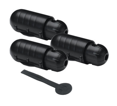 3-Pack ClickShield Weather-Resistant Cord Lock Black for power cords, durable and weatherproof with ratchet lock mechanism.
