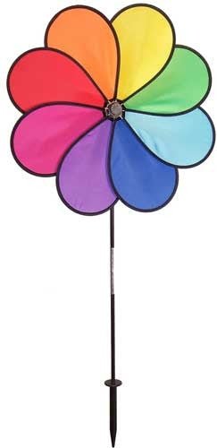 Fabric garden spinner with eight rainbow-colored petals black trim and a central silver hub