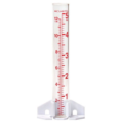 AcuRite glass rain gauge with 5-inch capacity and 1-inch diameter for measuring rainfall in your lawn and garden.