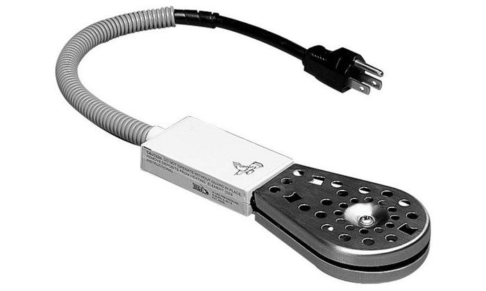 Product image showing a white and gray electric heating element with a three-prong plug and a flexible corrugated cord featuring a perforated metal casing and a small bird logo