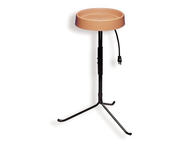 Allied Precision heated bird bath with stand Model 400, terra cotta color, weather-resistant plastic, 30-inch tall metal stand.