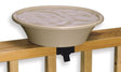 Heated bird bath mounted on deck railing with EZ Tilt Mounting and Stand, providing ice-free water for birds in winter.