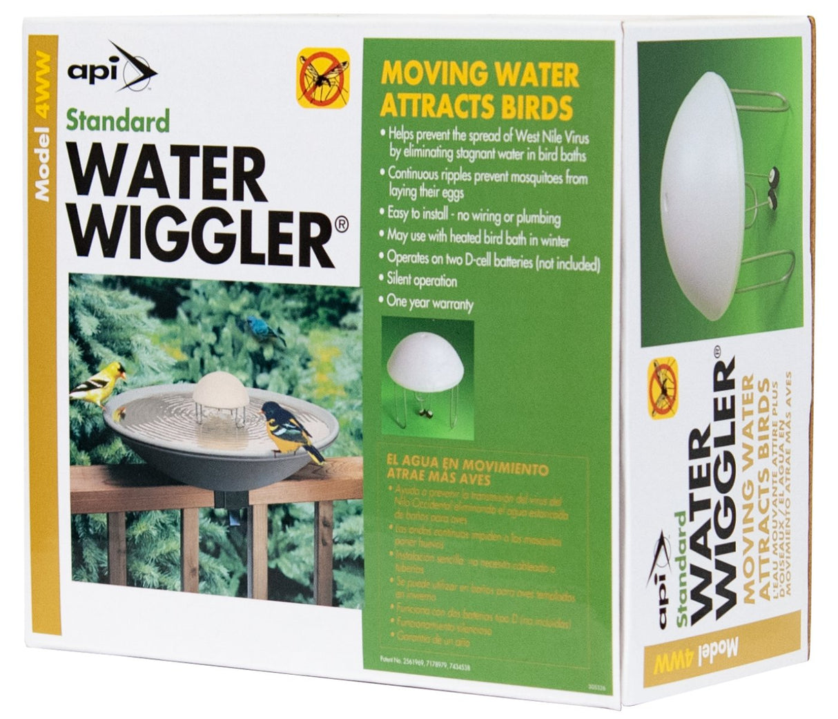 Allied Precision Water Wiggler 4WW in packaging displaying bird-friendly and mosquito-repellent benefits.