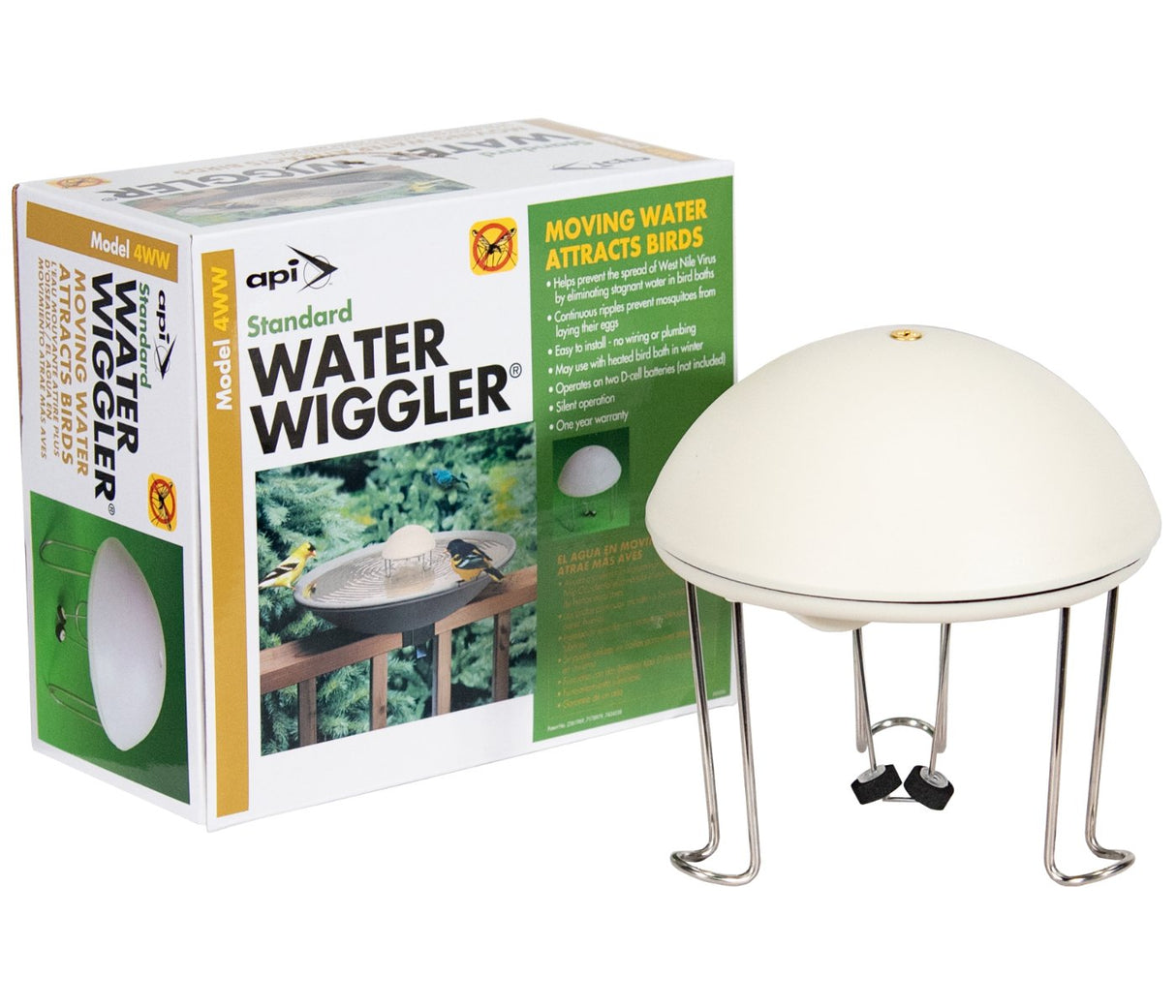Allied Precision Water Wiggler 4WW in packaging next to the water wiggler device, designed to attract birds and prevent stagnant water.