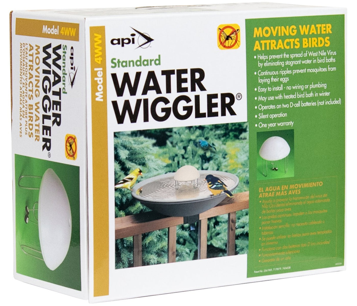 Allied Precision Water Wiggler 4WW product box showing water agitating device and birds by a bird bath