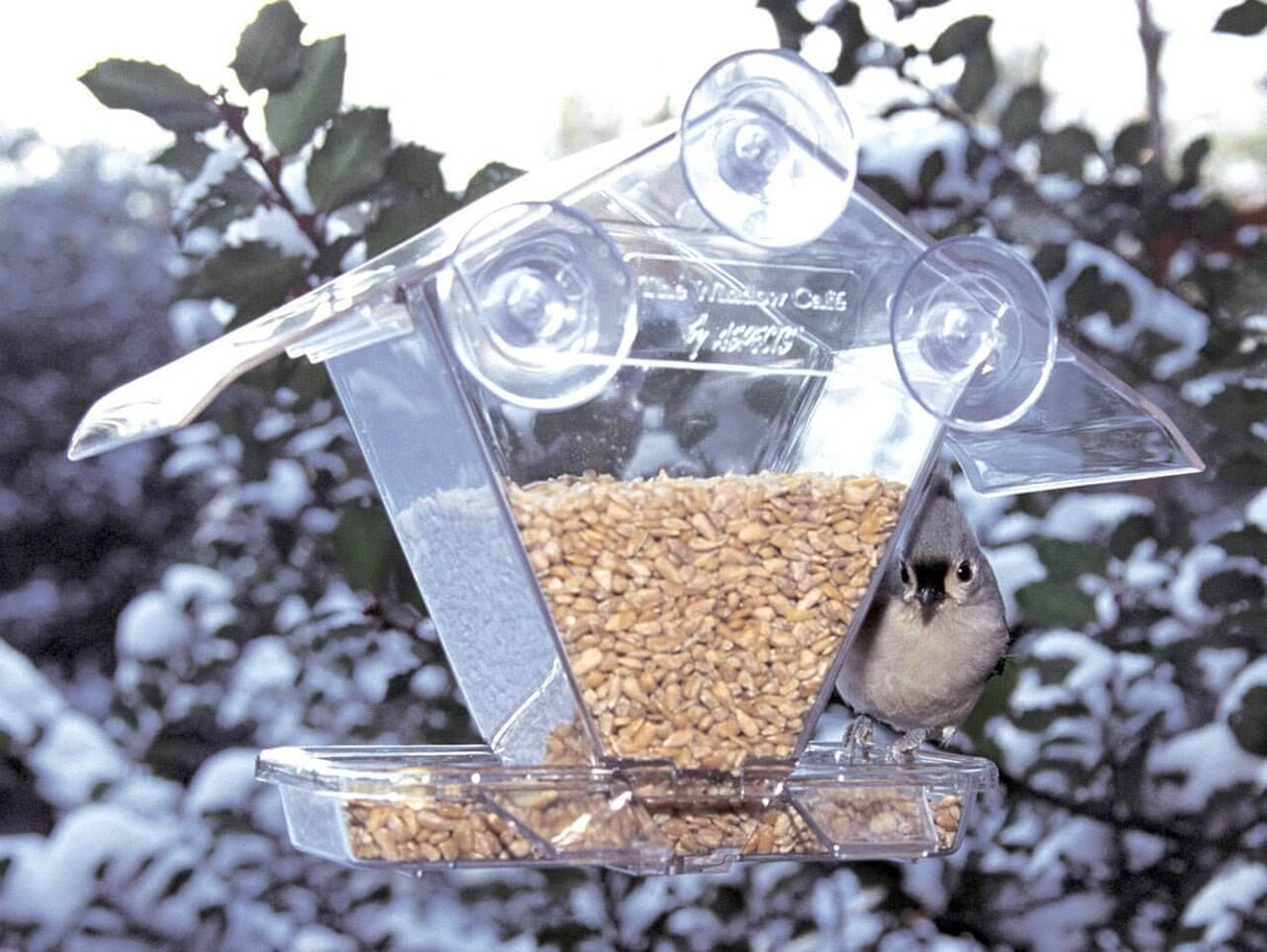 Aspects 155 Window Cafe Feeder, Hopper Style with bird, clear design, rain protection, UV stabilized polycarbonate.