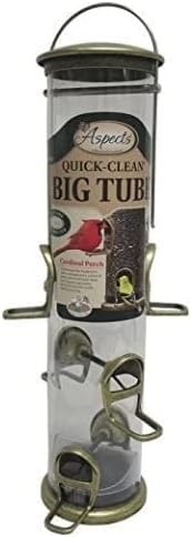 Aspects 420 Antique Brass Quick Clean Big Tube Feeder with six ports and generous perching area for birds.
