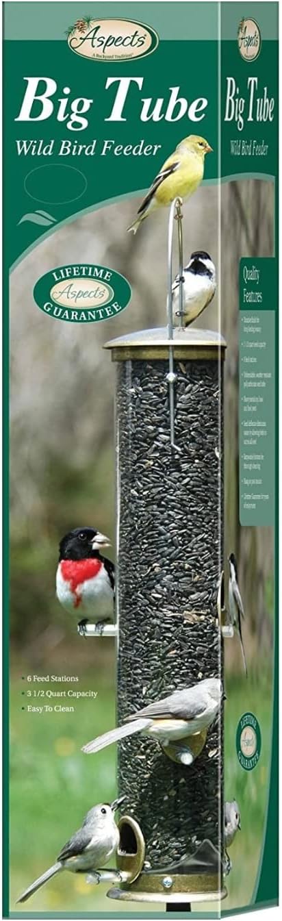 Aspects 420 Antique Brass Quick Clean Big Tube Feeder with birds feeding on it, showcasing its large seed capacity.