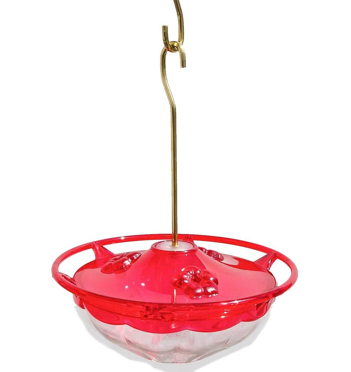 Aspects 433 HummZinger HummBlossom Feeder in bright red, designed for hummingbirds with three feeding ports.