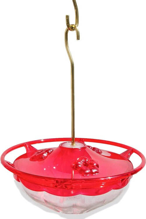 Aspects 433 HummZinger HummBlossom Feeder in bright red, 4 oz capacity, with perch and multiple feeding ports for hummingbirds.