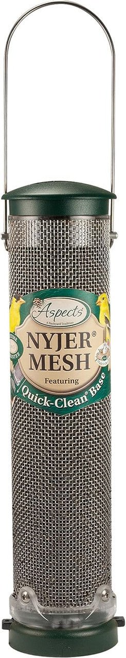 Aspects 439 Nyjer Mesh Birdfeeder with Quick-Clean Base, stainless steel design for attracting finches.