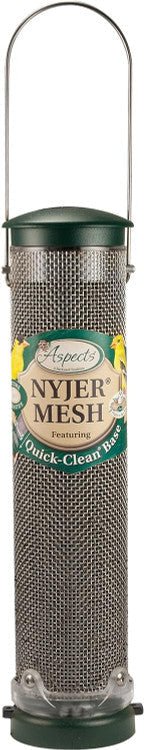 Aspects 439 Nyjer Mesh Birdfeeder with Quick-Clean Base in stainless steel for attracting finches.