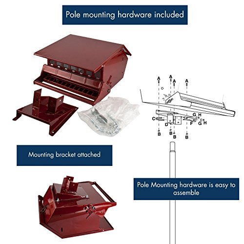 Squirrel proof red bird feeder with pole mounting hardware and bracket for easy assembly