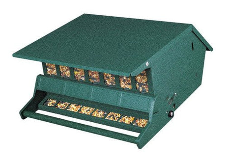 Audubon Bird's Choice Squirrel Proof Bird Feeder in green with adjustable weight setting and steel construction for mixed seeds.