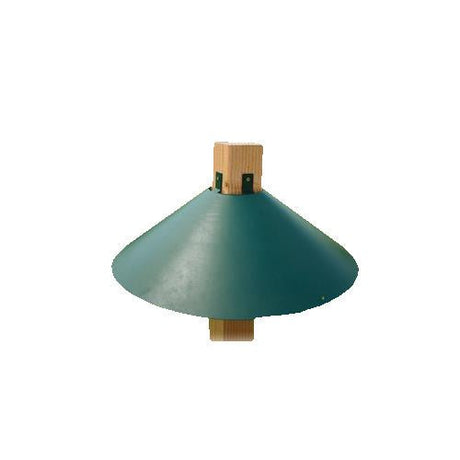 Green metal wrap around squirrel baffler protecting bird feeders from squirrels, made of textured powder coated steel.