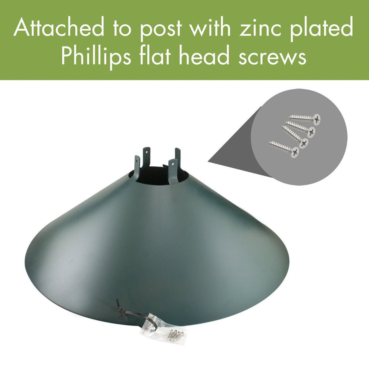 Green metal wrap-around squirrel baffle with mounting hardware and zinc plated Phillips flat head screws