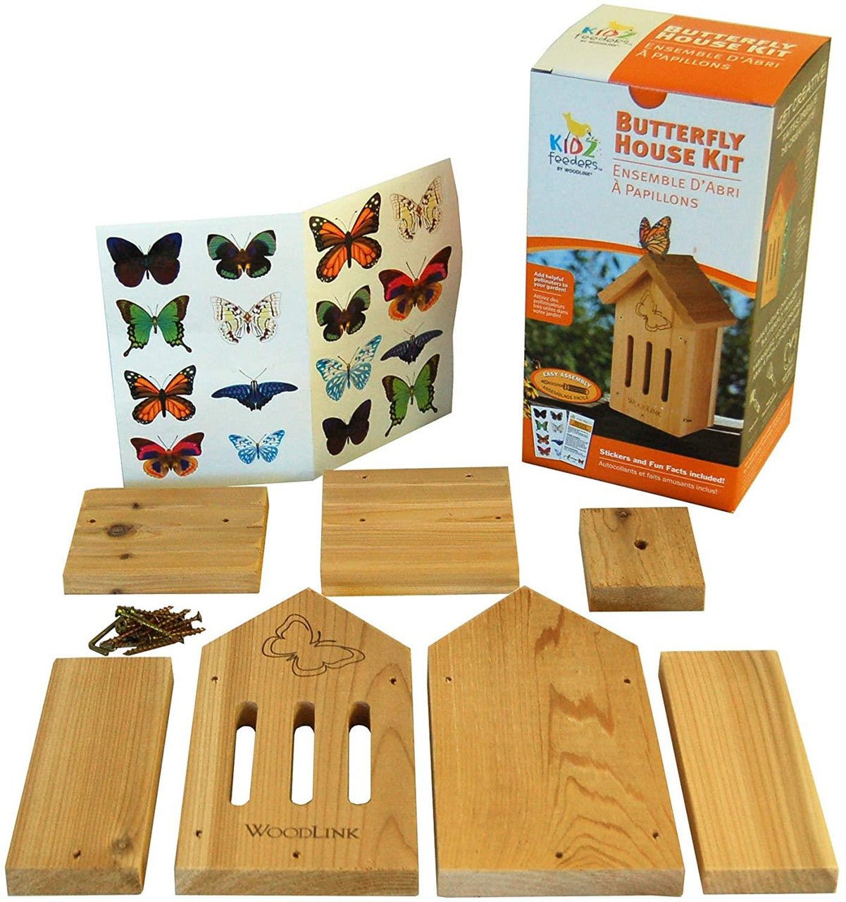 Audubon WoodLink Butterfly House DIY Craft Kit with wooden pieces and butterfly stickers for kids' activities.