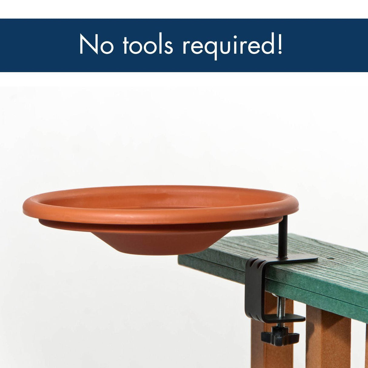 Deck Mounted Bird Bath showing lightweight terracotta bowl attached to deck railing without tools needed.