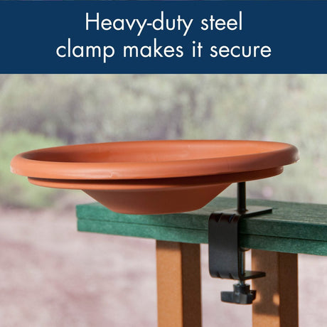 Deck Mounted Bird Bath with heavy-duty steel clamp for secure attachment to railing. Lightweight, easy removal for cleaning.
