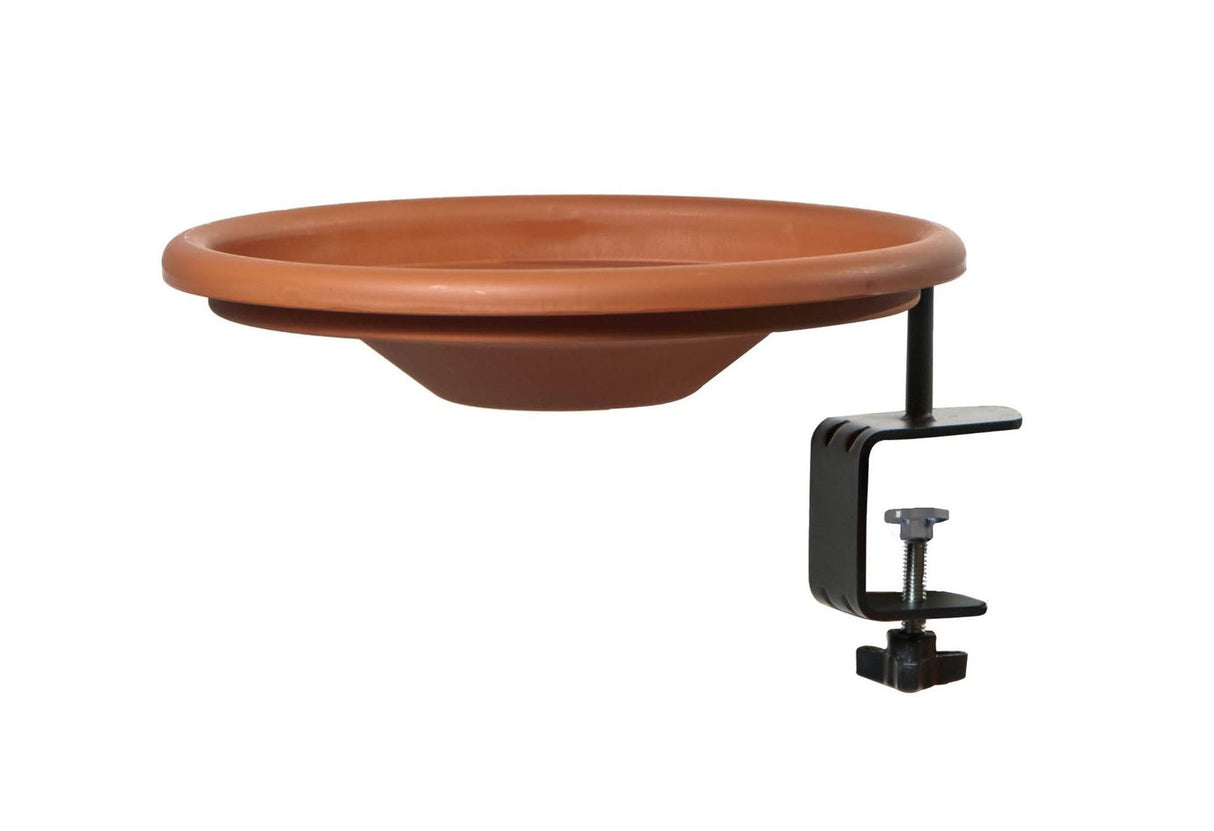 Audubon/Woodlink deck mounted bird bath with adjustable clamp for railings, lightweight design, and easy-to-clean detachable bowl.