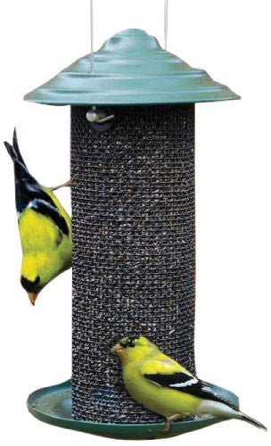 Green Audubon/Woodlink Mini Magnum Nyjer Feeder with two yellow birds feeding on metal mesh screen.
