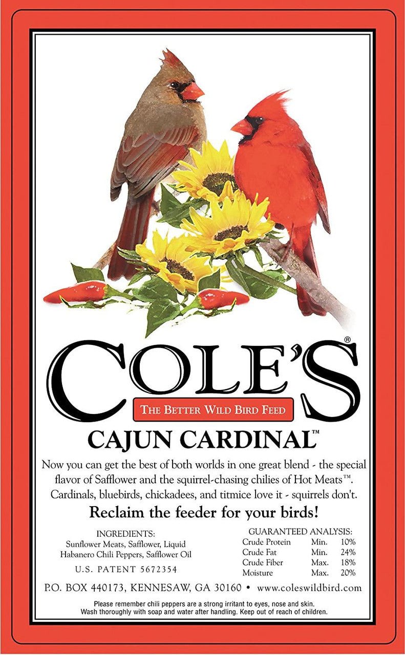 BC Cole's Cajun Cardinal Bird Seed packaging featuring vibrant cardinals and sunflower, ideal for attracting wild birds.