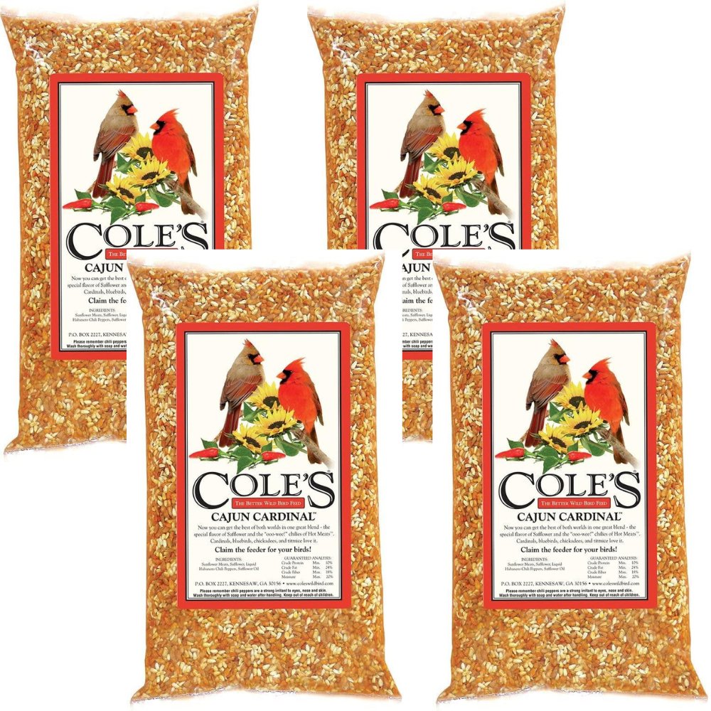 BC Cole's Cajun Cardinal Bird Seed, 5 lbs bags featuring cardinals and vibrant seed mix.