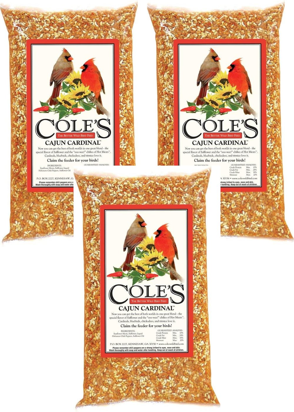 BC Cole's Cajun Cardinal Bird Seed, 5 lbs, three bags featuring bright cardinals and spicy safflower blend.
