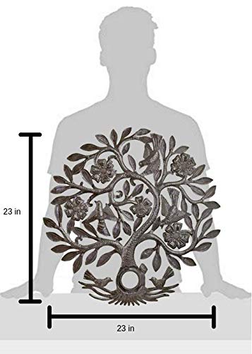 Beyond Borders Everlasting Floral Lid Tree Haitian Wall Art, handcrafted metal Tree of Life design with floral and bird details.