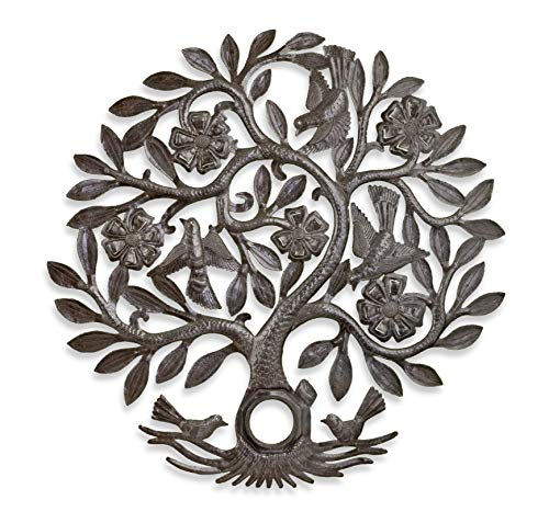Beyond Borders Everlasting Floral Lid Tree Haitian Wall Art featuring intricate floral and bird designs in a handcrafted style.