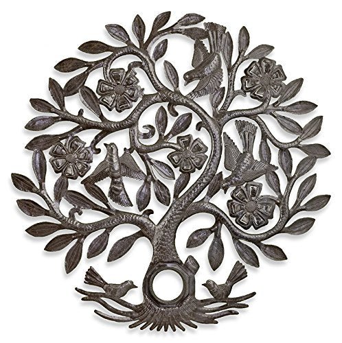Beyond Borders Everlasting Floral Lid Tree Haitian Wall Art, handcrafted steel wall piece with birds and flowers.