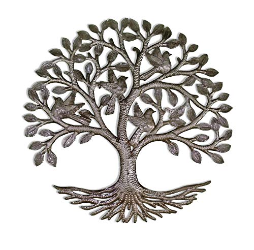 Beyond Borders Revelation Tree of Life featuring six birds, handcrafted from steel oil drums, inspired by Haitian art.
