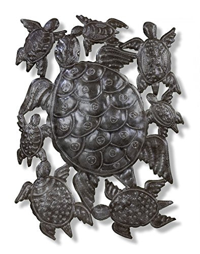 Handcrafted Beyond Borders Sea Turtle Flotilla Haitian wall art featuring a family of sea turtles from steel oil drums.