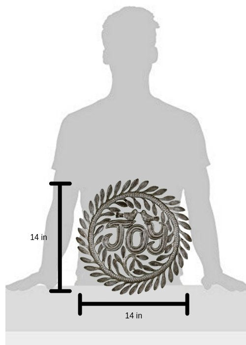 Beyond Borders Simple Joy Haitian Wall Art displayed next to a silhouette for size comparison, measuring 14 inches.