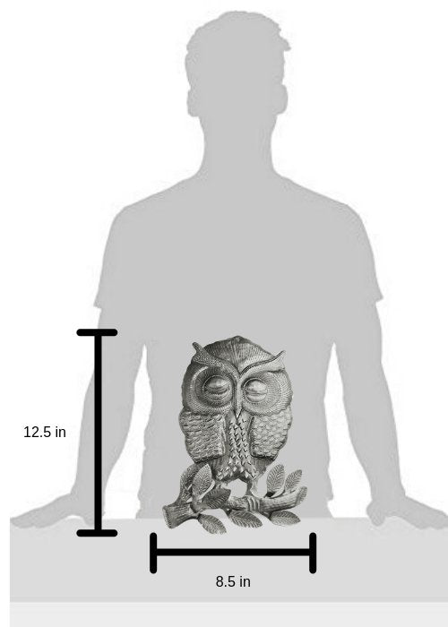 Beyond Borders What A Hoot Haitian Wall Art, handcrafted metal owl sculpture, dimensions shown with a human silhouette for scale.