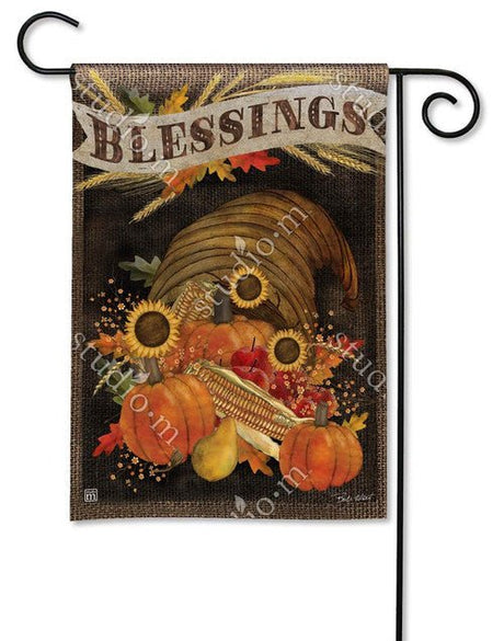 BreezeArt Cornucopia Blessings garden flag with pumpkins, apples, corn, and sunflowers on a black background, perfect for Thanksgiving.