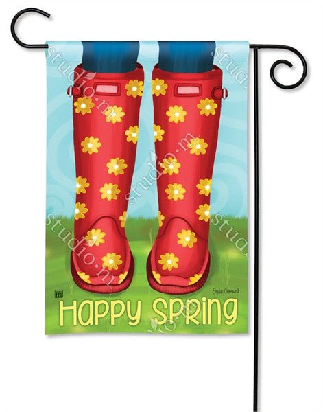 BreezeArt Happy Spring garden flag with red boots and yellow flowers, Happy Spring message at bottom, perfect for charming rainy spring days