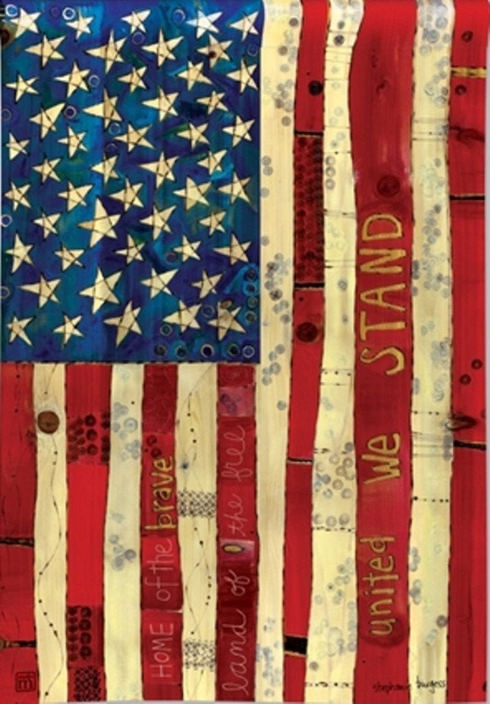 BreezeArt Home Of The Brave Garden Flag featuring the American flag design with "Home of the Brave" and "United We Stand" text.