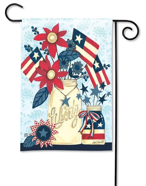 Patriotic BreezeArt Liberty Flags Garden Flag with vibrant red flowers and American flags in a mason jar, perfect for outdoor décor.