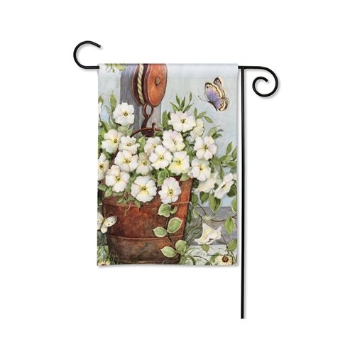BreezeArt Petunias on Pulley Garden Flag with vibrant colors, printed on durable SolarSilk fabric, featuring lovely white petunias and butterflies.