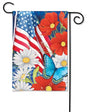 BreezeArt Red, White, and Blue Garden Flag with flowers, butterfly, and American flag on display