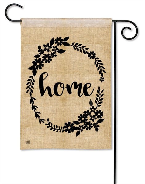 BreezeArt Rustic Home Garden Flag with floral wreath design printed on durable SolarSilk polyester.