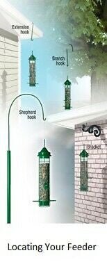 Guide to locating Brome Squirrel Buster Classic Squirrel Proof Bird Feeder using extension, branch, and shepherd hooks.