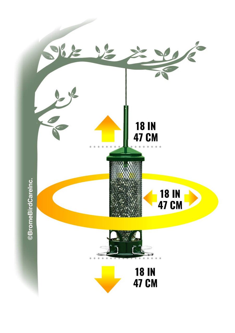 Brome Squirrel Buster Mini Bird Feeder 1055 dimensions showing 18 inches height and width, suitable for garden use.